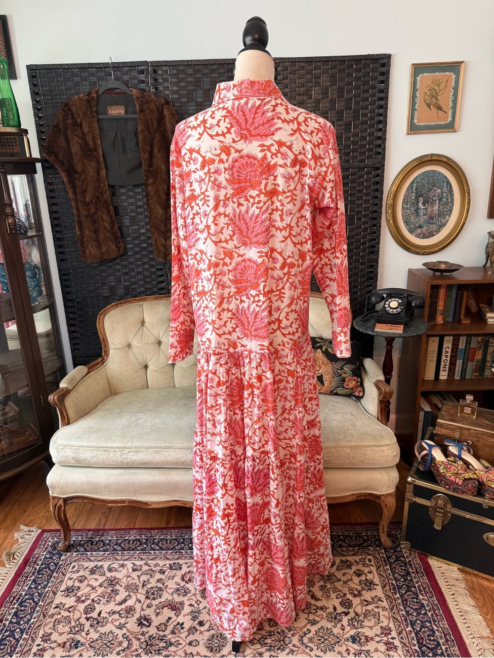 🌺 Guadalupe Design Meredith Floral Maxi Dress Coral Pink Cotton Tiered Boho M - Picture 9 of 12